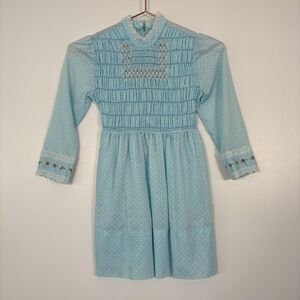 Vintage Polly Flinders Dress Girls 8 Blue Polka Dot Smocked Lace Party Formal